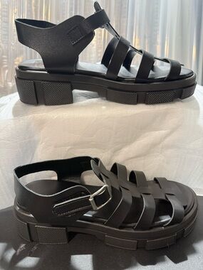 Girls Black Fisherman Platform Chunky Open Toe Sandals-New